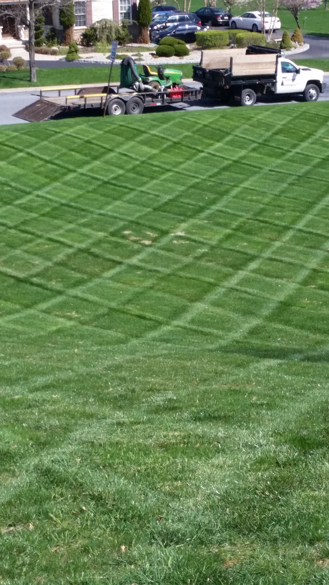 Professional lawn care equipment on site